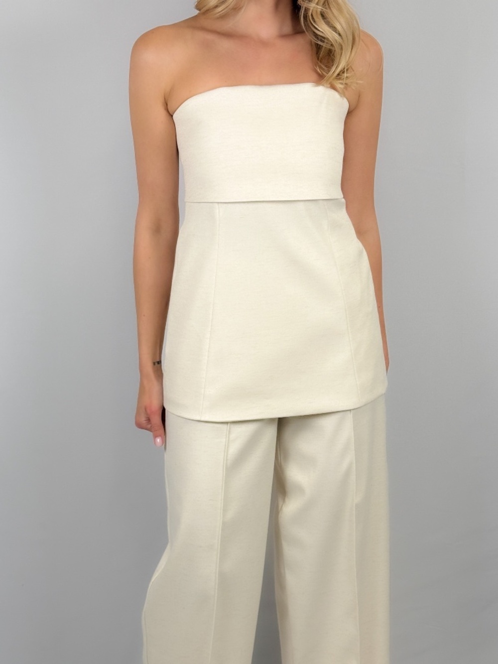 Suit Two-Piece Set –Strapless Bandeau Top & Wide-Leg Pants Linen & Cotton Blend